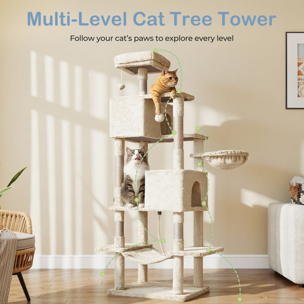 66 Inch Cat Tree Tower, Large Multi-Cat Climbing Extended Platform, Hammock, Pet House For Indoor Cats And Kittens Play