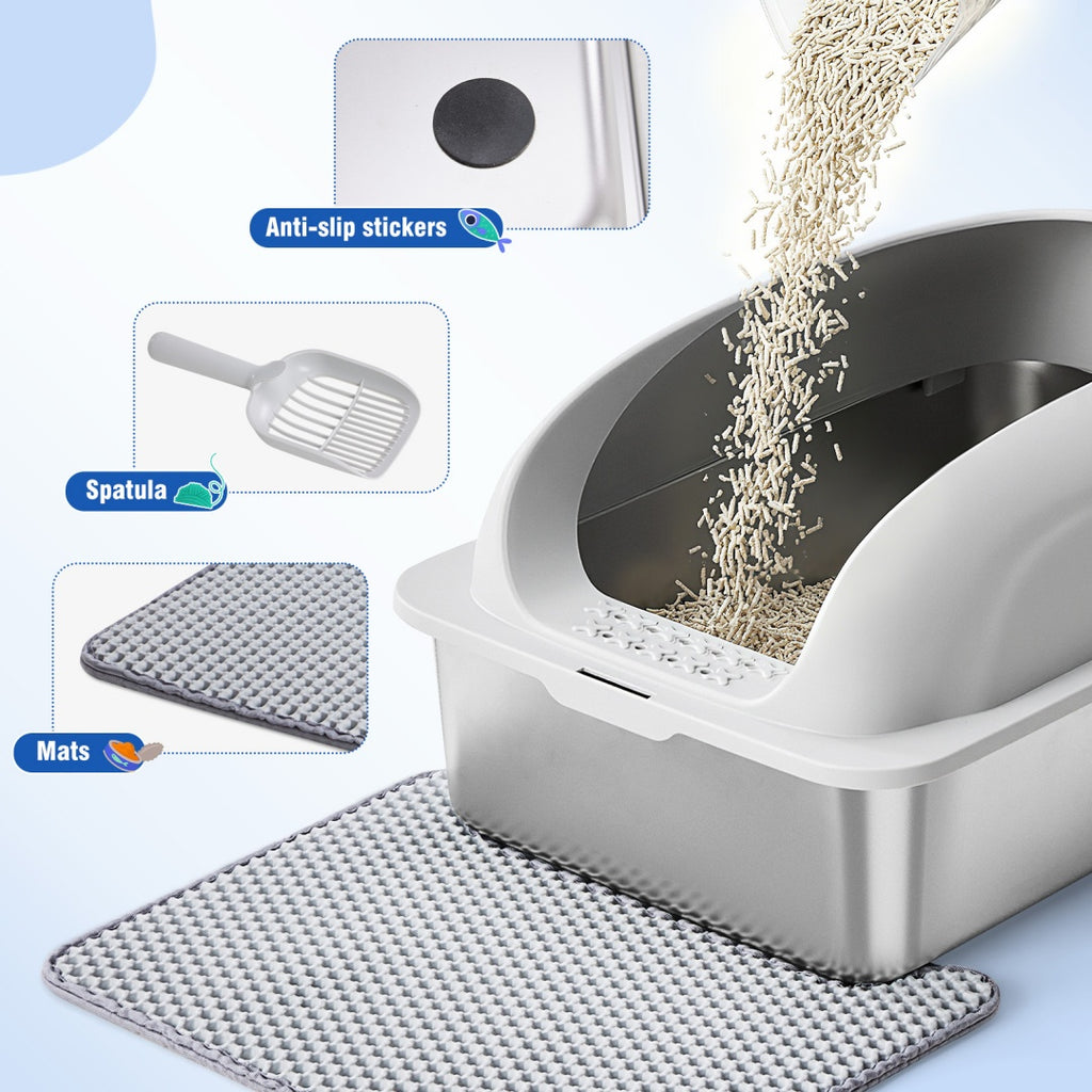 Stainless Steel Cat Litter Box With Lid, Large Cat Litter Box For Big Cats, Scoop And Mat Included