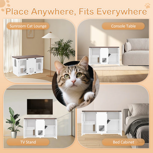 47.25 Large Cat Litter Box Enclosure With LED Light, Hidden Litter Box Furniture, Cat House With Stairs And Cat Scratching Post, Cat Cabinet Side Table With Smart Doors For Living Room, White