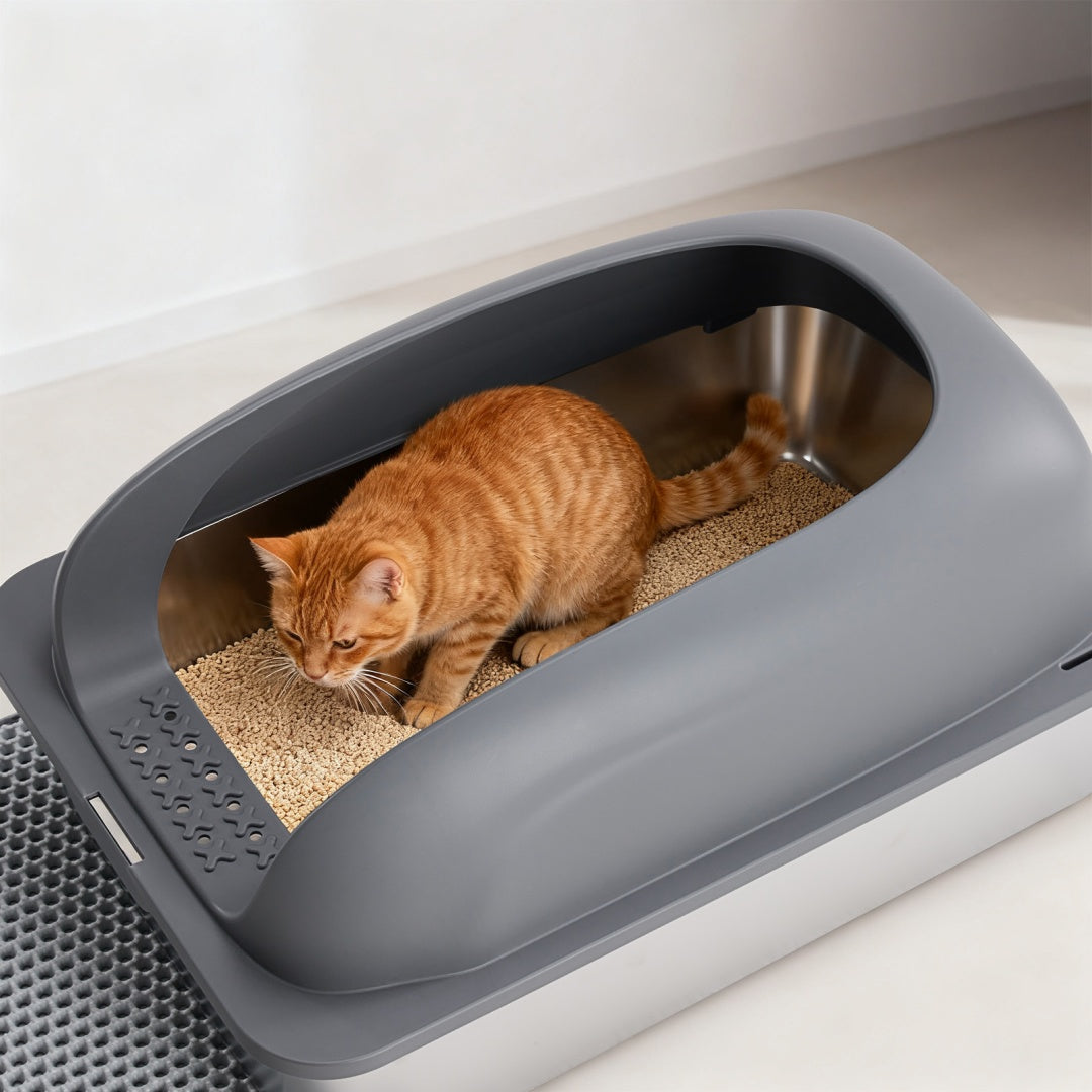 Stainless Steel Cat Litter Box With Lid, Large Cat Litter Box For Big Cats, Scoop And Mat Included