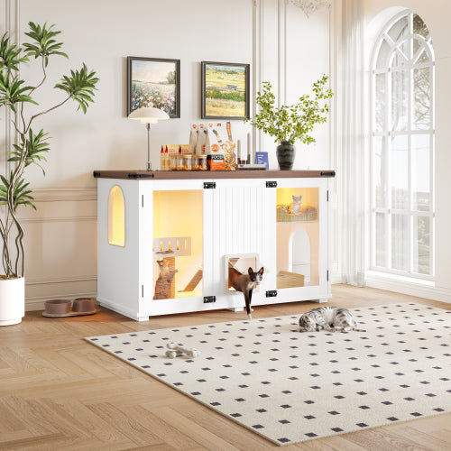 47.25 Large Cat Litter Box Enclosure With LED Light, Hidden Litter Box Furniture, Cat House With Stairs And Cat Scratching Post, Cat Cabinet Side Table With Smart Doors For Living Room, White